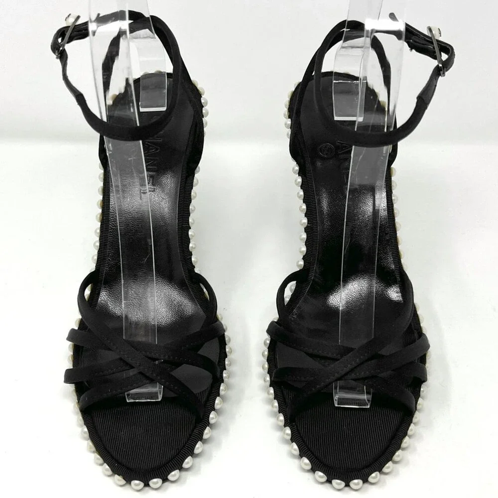 Chanel 2004 Vintage Heels‎ Black Satin Pearl 38.5 Y2K Karl Lagerfeld - Picture 2 of 10